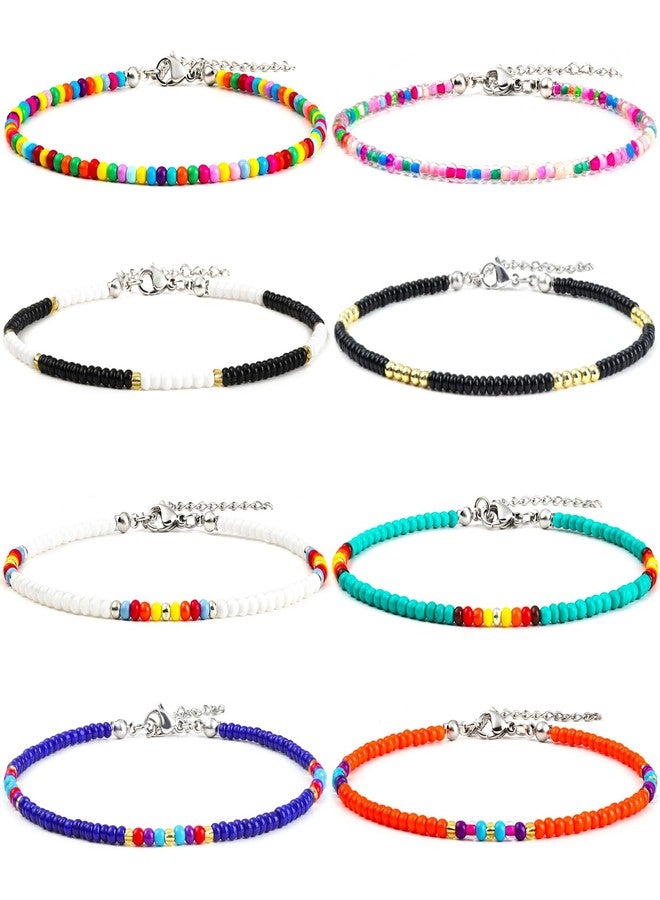 XIJIN 8Pcs Handmade Beaded Anklets for Women Boho Colorful Beads Ankle Bracelets Adjustable Foot Anklet Set - Image 1